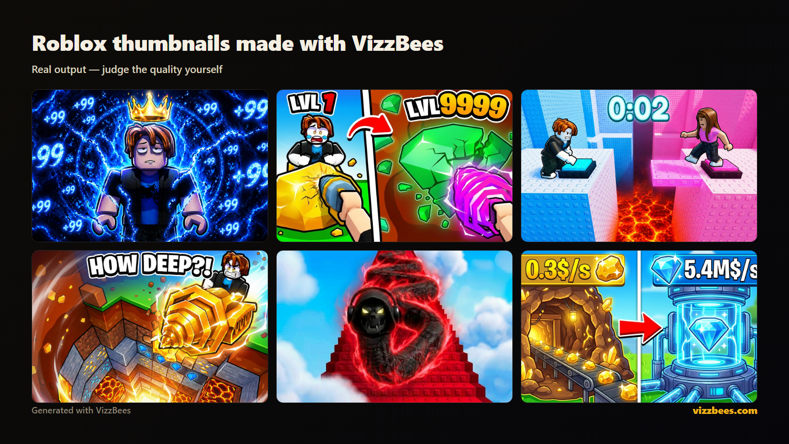 Real Roblox game thumbnails generated with VizzBees, showing high-CTR output quality.